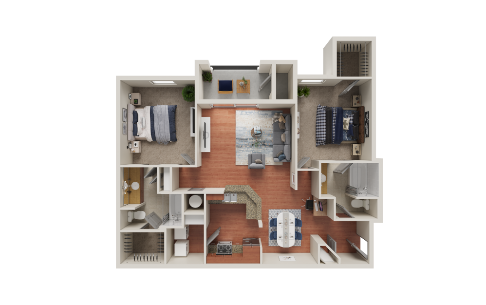 B2 - 2 bedroom floorplan layout with 2 bathrooms and 1131 - 1254 square feet