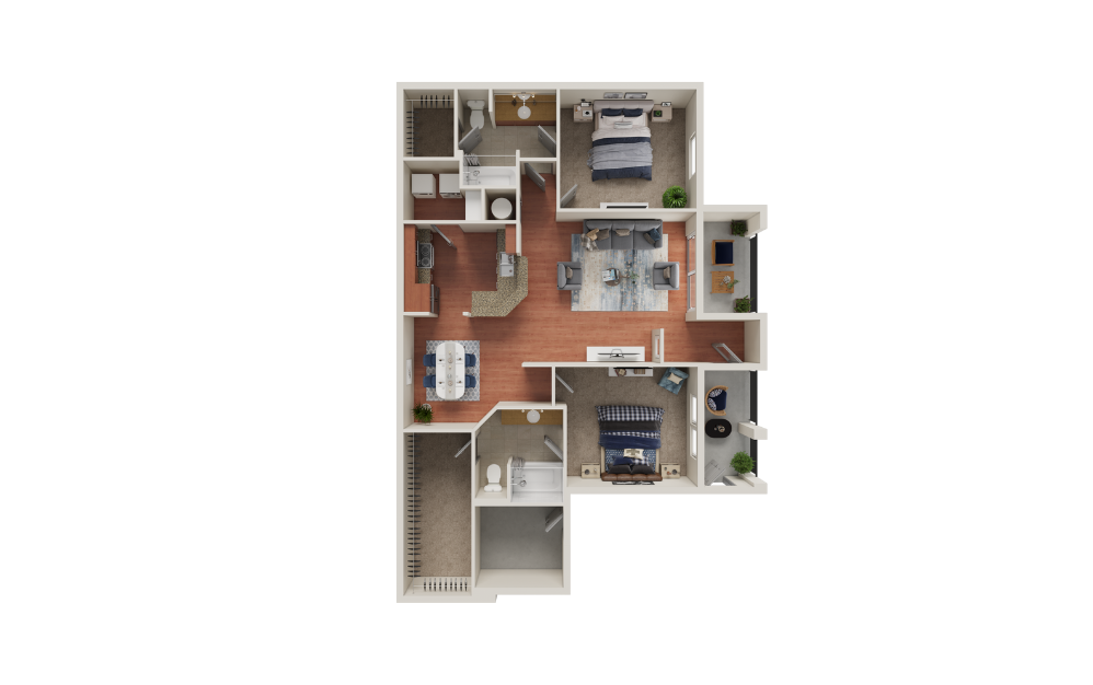 B2.1 - 2 bedroom floorplan layout with 2 bathrooms and 1254 square feet